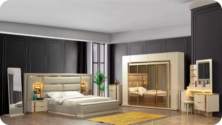 Big Complete e bedroom furniture luxury double bed fabric beige 8 pieces