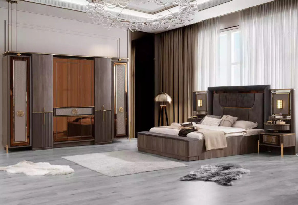 Complete e Double bed Bedroom Wardrobe Bed Set 5-piece Gray Fabric