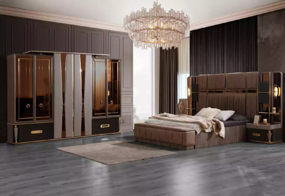 Luxury Double bed Beige Fabric Bed Set 5pcs Bedroom Suite Beds