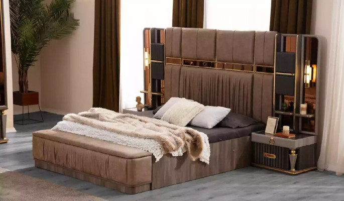 Luxury Double bed Beige Fabric Bed Set 5pcs Bedroom Suite Beds