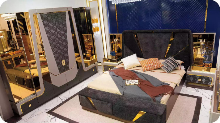 Double bed Modern Bedroom Suite Luxury Blue Bed Set 4pcs Gold