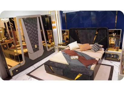 Double bed Modern Bedroom Suite Luxury Blue Bed Set 4pcs Gold