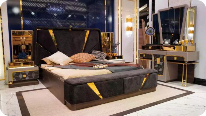 Double bed Modern Bedroom Suite Luxury Blue Bed Set 4pcs Gold