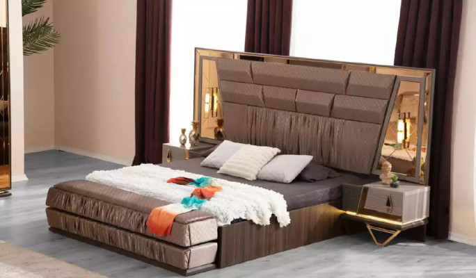 Double bed Modern Bedroom Suite Luxury Gold Bed Set 4pcs Beige