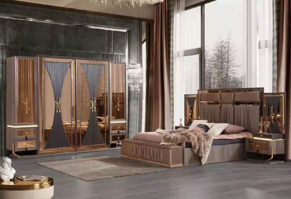 Luxury Sofa Beige Suite Bedroom Double bed Beige Set 5-piece bed