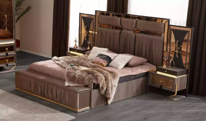 Luxury Sofa Beige Suite Bedroom Double bed Beige Set 5-piece bed