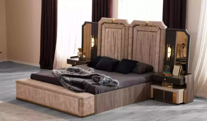 Complete e Bedroom Furniture Double Bed Fabric Beige 5-Piece Bed Frame Bed