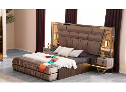 Bedroom Group Bed Set 3pcs Double bed Beige Fabric Bedside tables