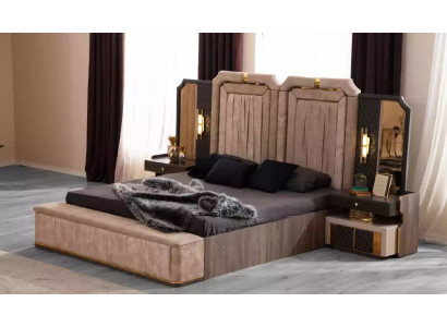 Group Bed Beige Set 4pcs Bedroom Double bed Fabric Bedside tables