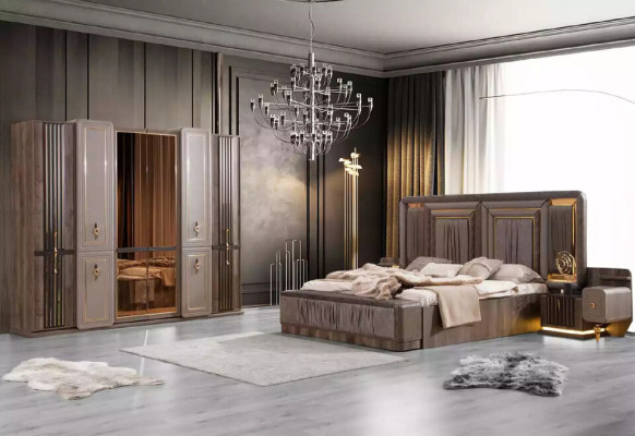 Mpdern Suite Double bed Gray Bedside tables Bedroom Bed Set 4-piece luxury