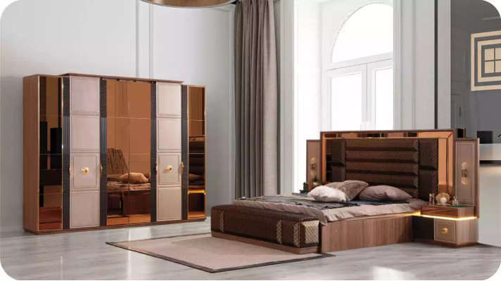 Bedroom furniture complete e luxury bed set 4 pieces double bed brown fabric