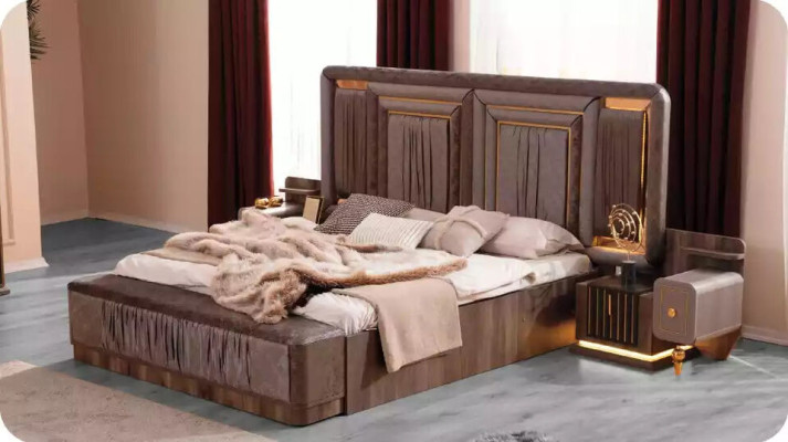 Complete e bedroom furniture luxury bed set 4 pieces double bed beige fabric