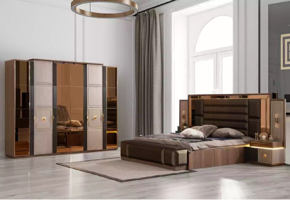 Double bed Bedroom Suite Bed Set 4-piece Stool Brown Bedside tables