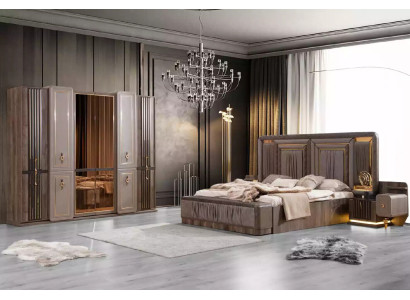 Group Bed Gray Set 5-piece Bedroom Double bed Fabric Bedside tables Sets