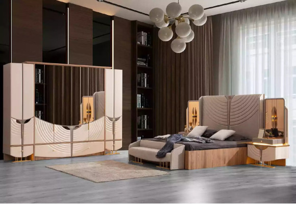 Double bed Modern Bedroom Suite Bed Set 5pcs Gold Beige Fabric