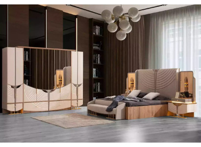 Double bed Modern Bedroom Suite Bed Set 5pcs Gold Beige Fabric