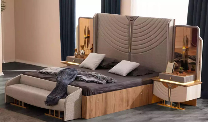 Double bed Modern Bedroom Suite Bed Set 5pcs Gold Beige Fabric