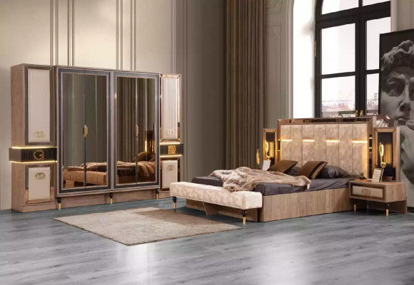 Modern Beds Double bed Set 4pcs Bedroom Suite Fabric Beige