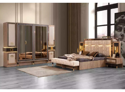 Modern Beds Double bed Set 4pcs Bedroom Suite Fabric Beige