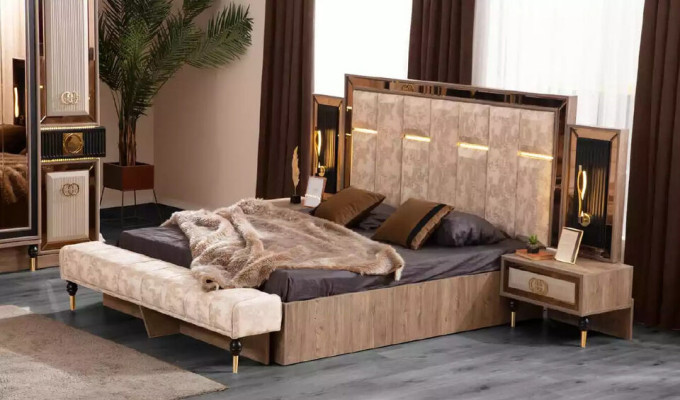 Modern Beds Double bed Set 4pcs Bedroom Suite Fabric Beige