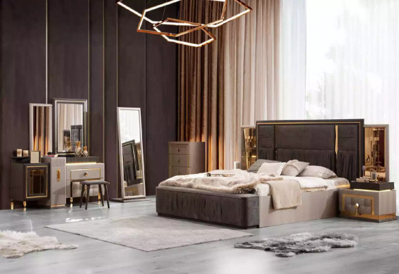 Suite Luxurious Double bed Bedroom Furniture Bed Gray 7-piece set