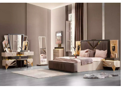 Complete e Double bed Set 7pcs Brown Beige Fabric Bed Modern Console