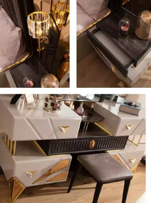 Complete e Double bed Set 7pcs Brown Beige Fabric Bed Modern Console
