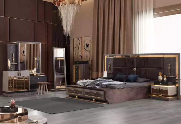 Bedroom Complete e Double bed Set 6pcs Brown Fabric Bed Modern Console