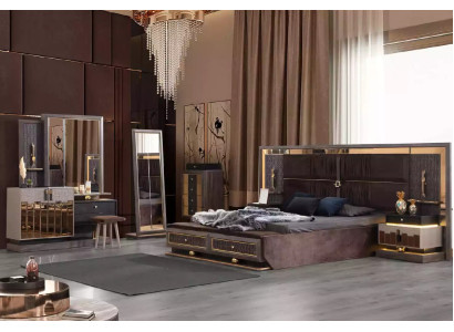Bedroom Complete e Double bed Set 6pcs Brown Fabric Bed Modern Console