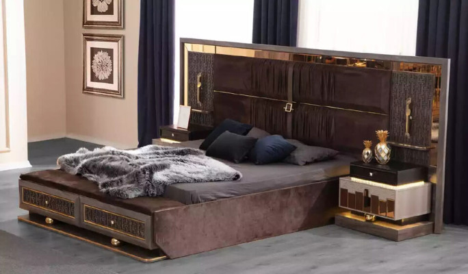 Bedroom Complete e Double bed Set 6pcs Brown Fabric Bed Modern Console