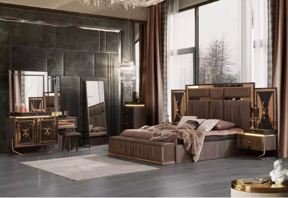 Complete's Set Bed Beige 7-piece Bedroom Double bed Fabric Bedside tables