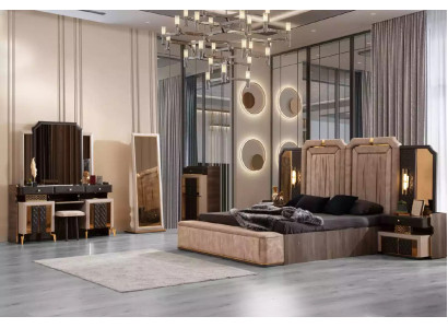 Complete e Big bedroom furniture luxury double bed fabric beige 7 pieces