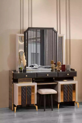 Complete e Big bedroom furniture luxury double bed fabric beige 7 pieces