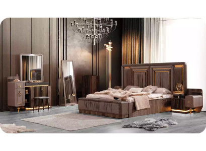 Luxury Suite Double bed Set 6pcs Beige Fabric Bed bed base Bedroom