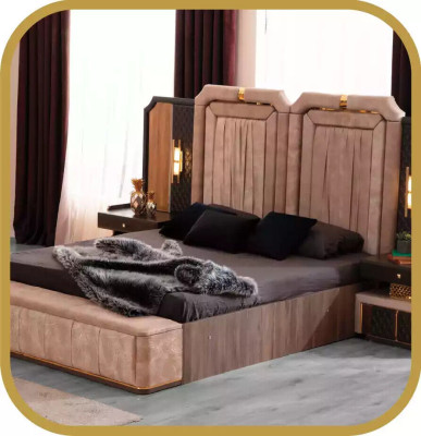 Luxury Suite Double bed Set 6pcs Beige Fabric Bed with bed base Bedroom