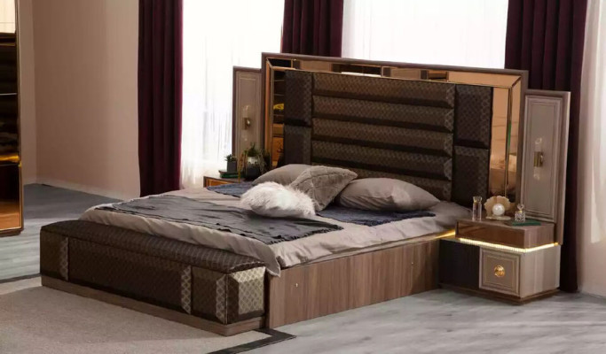Big Complete e bedroom furniture luxury double bed fabric brown 7 pieces new