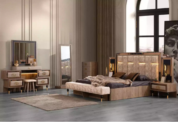 Complete e bedroom furniture luxury bed set 6 pieces double bed beige fabric