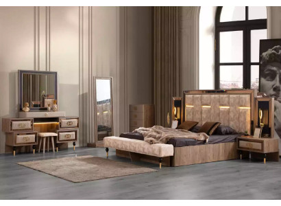 Complete e bedroom furniture luxury bed set 6 pieces double bed beige fabric