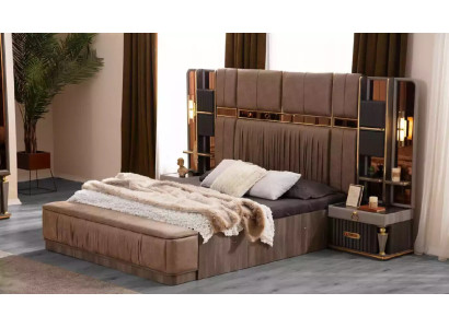 Group Bed Beige Set 4pcs Bedroom Double bed Fabric Bedside tables