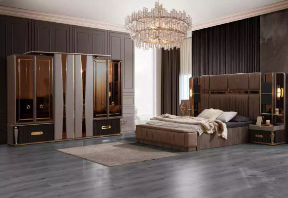 Group Bed Beige Set 4pcs Bedroom Double bed Fabric Bedside tables