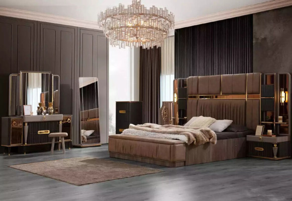 Group Bed Beige Set 4pcs Bedroom Double bed Fabric Bedside tables