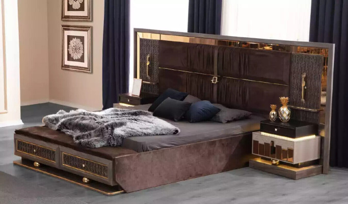 Group Bed Brown Set 4pcs Bedroom Double bed Fabric Bedside tables