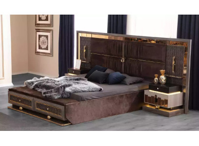 Group Bed Brown Set 4pcs Bedroom Double bed Fabric Bedside tables