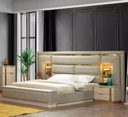 Luxury Suite Bed Beige Set 4pcs Bedroom Double bed Fabric Wood