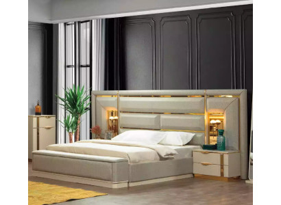Luxury Suite Bed Beige Set 4pcs Bedroom Double bed Fabric Wood