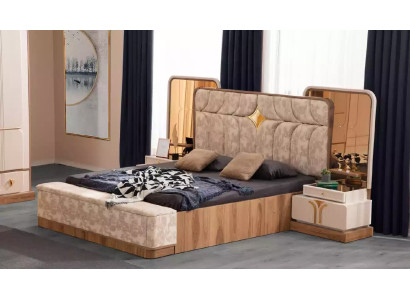 Group Bed Beige Set 4pcs Bedroom Double bed Fabric Bedside tables