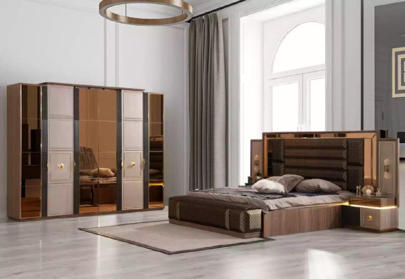 Furniture Bedroom Bed Granitur Brown Fabric Double Bed Set 4 Pieces Modern