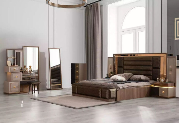 Furniture Bedroom Bed Granitur Brown Fabric Double Bed Set 4 Pieces Modern