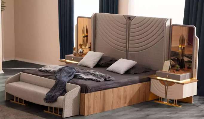 Double bed Bedroom Suite Bed Set 4pcs Stool Beige Bedside tables