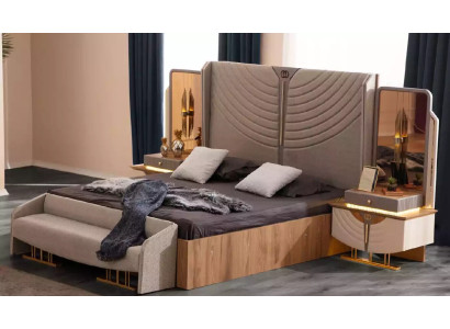 Double bed Bedroom Suite Bed Set 4pcs Stool Beige Bedside tables